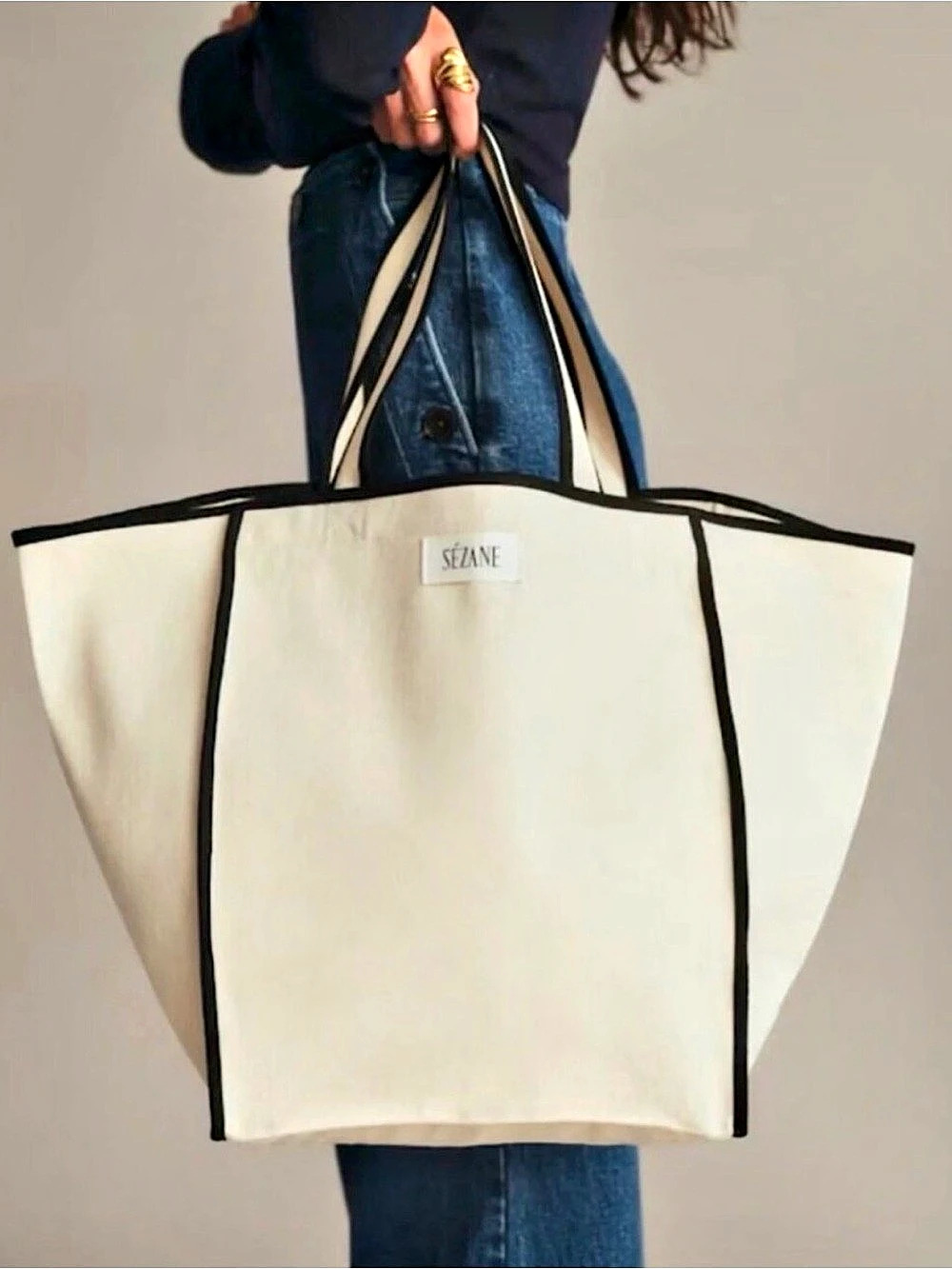 Sézane Canvas-Style Tote in Ecru & Black - New without tags